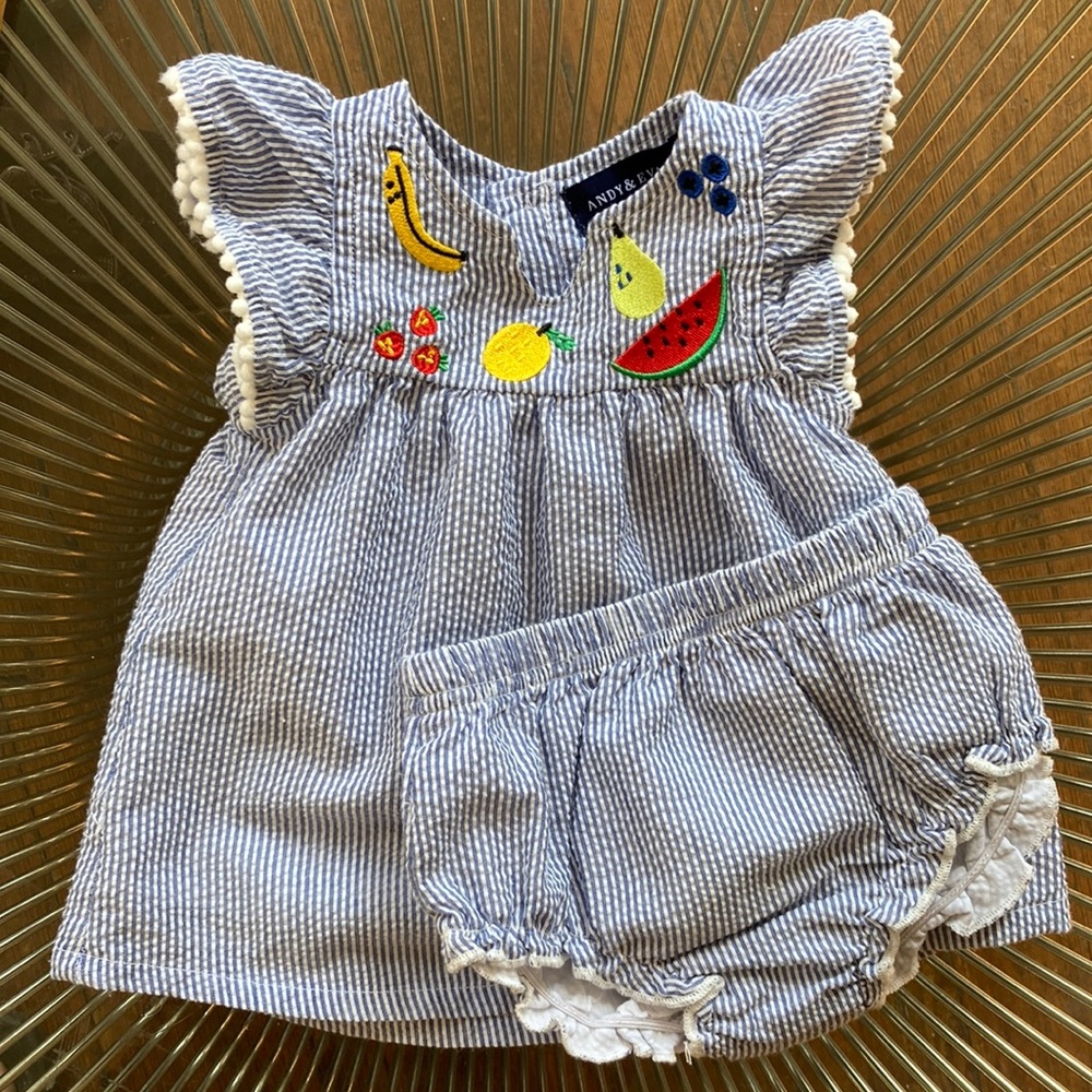 Andy & Evan seersucker dress with fruit appliqués and diaper cover size 0-3 mos
